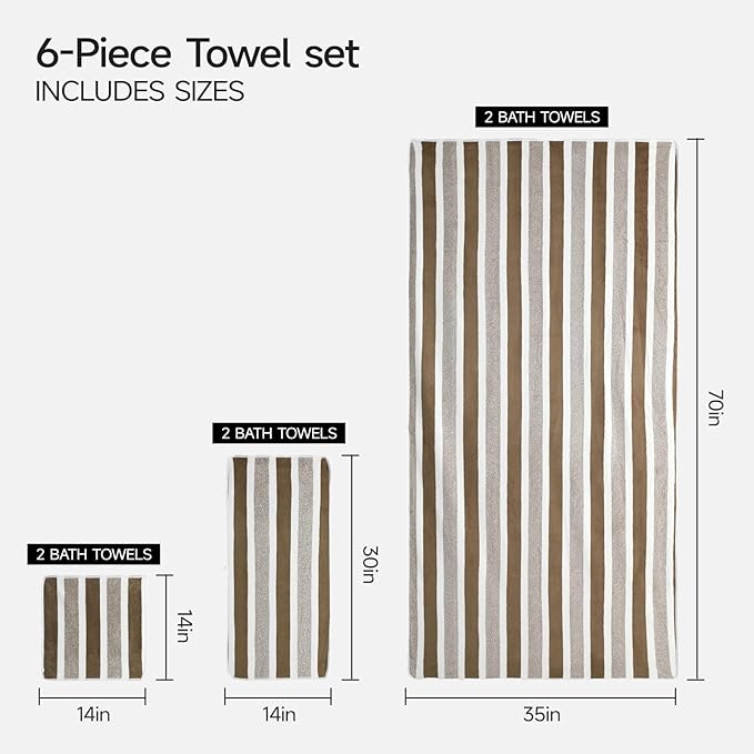 REDKISS Ultra Soft Bath Towel Sets 6-Piece 35"x70" | 100% Microfiber Highly Absorbent & Quick Dry | Brown Towels for Bathroom, Spa, Gym | 2 Bath Sheets, 2 Hand, 2 Washcloths
