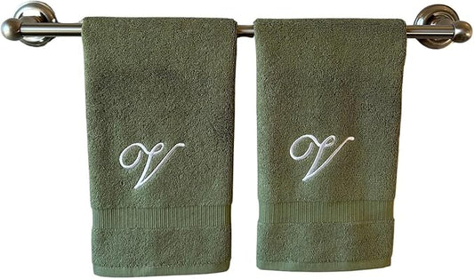 Sage Monogrammed Hand Towels for Bathroom - Luxury Hotel Quality Personalized Initial Embroidered Towel for Powder Room, Spa - GOTS Organic Certified - Set of 2 White Letter V