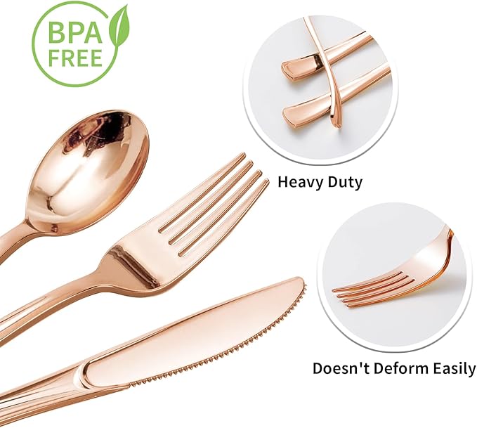 Goodluck 150PCS Rose Gold Plastic Silverware, Rose Gold Utensil Disposable, Plastic Cutlery Set of 50 Forks, 50 Spoons, 50 Knives for Wedding, Party, Valentines