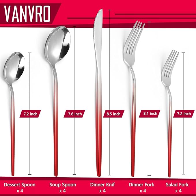 Gradient Red Silverware Set, 20-Piece Stainless Steel Flatware Set, Kitchen Dinnerware Set Service for 4, Include Knife/Fork/Spoon, Mirror Polished, Dishwasher Safe