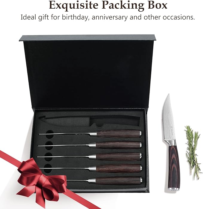 PAUDIN Steak Knives Set of 6, Ultra Sharp Steak Knives 5.25 inch, High Carbon Stainless Steel Steak Knife Set, Serrated Steak Knife with Pakkawood Handle for Steak House Restaurant