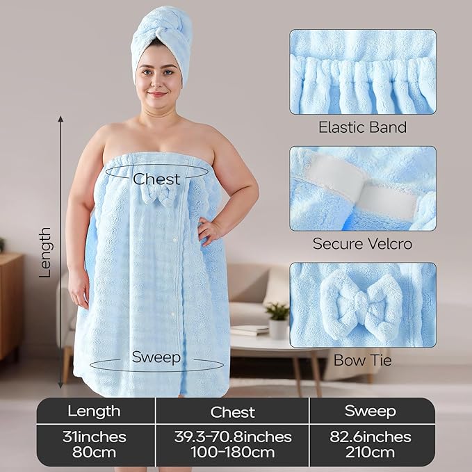 REDKISS Blue Towel Wrap for Women, XL Spa Shower Wrap with Hair Towel, Super Absorbent Bath Towels Robe for Body, Adjustable Microfiber Plush Bathrobe for Girls, Warmth Velcro Plus Size Wraps Towels