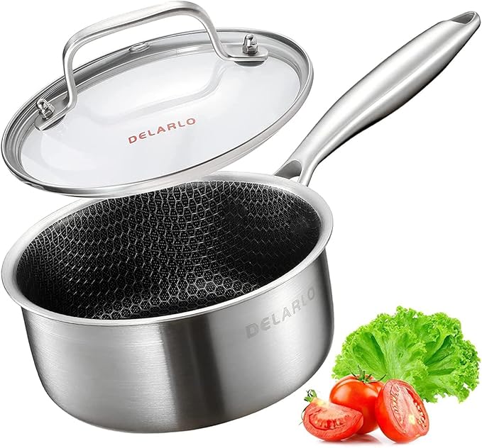 DELARLO Full Clad Tri-Ply Stainless Steel Saucepan 2.5QT, All Stove Safe 600℉(Lids 300℉), Medium Sauce Pan with Lid, Non Stick Sauce Pan, Fast & Even Heat, Steel Pot with Lid, Energy Saving,2-1/2 QT