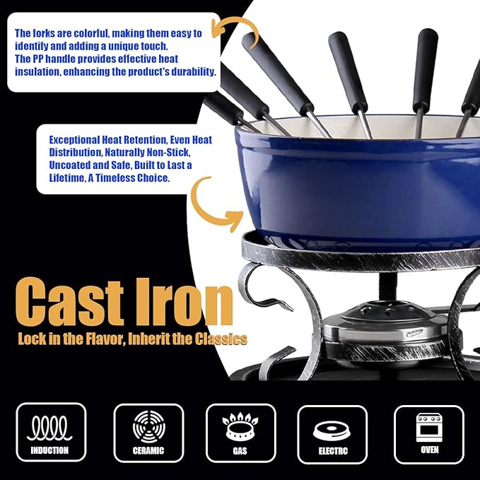 Artestia Swiss Fondue Set – Cast Iron Traditional 2L Cheese & Chocolate Fondue Pot for 4-6 People – Ideal for Melting Cheese, Chocolates, Caramel, & More, Blue