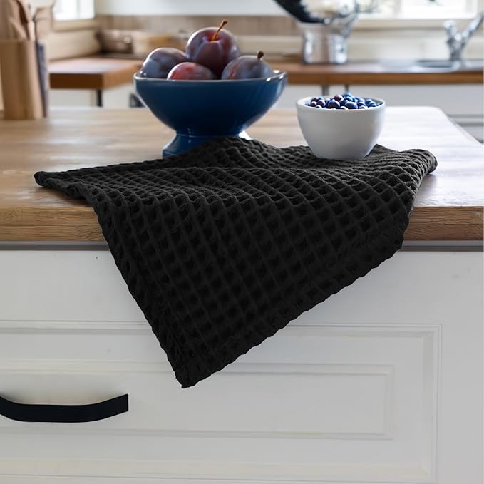 Waffle Washcloths Set of 8 Black - Premium Quality 100% Turkish Cotton Face Washcloth, Soft Makeup Towel, Shower Cloth, Kitchen Towel (Black, Set of 8 Washcloths)