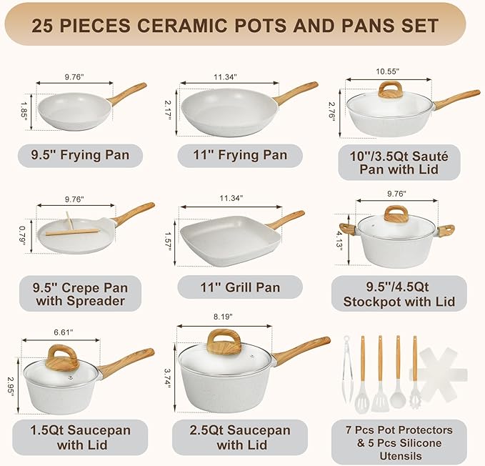 EWFEN 25 Pcs Pots and Pans Set, Nonstick Ceramic Cookware Sets, Healthy Non-Toxic, Large Capacity, Induction Compatible, Cooking Set with Frying Pans & Saucepans, PFAS/PTFE/PFOA Free, Cream White