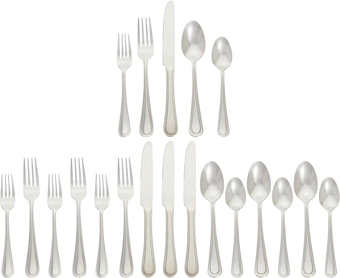 Amazon Basics Silverware Set, Stainless Steel Flatware, Dishwasher Safe, Service for 4, 20-Piece Forks and Spoons, Pearled Edge