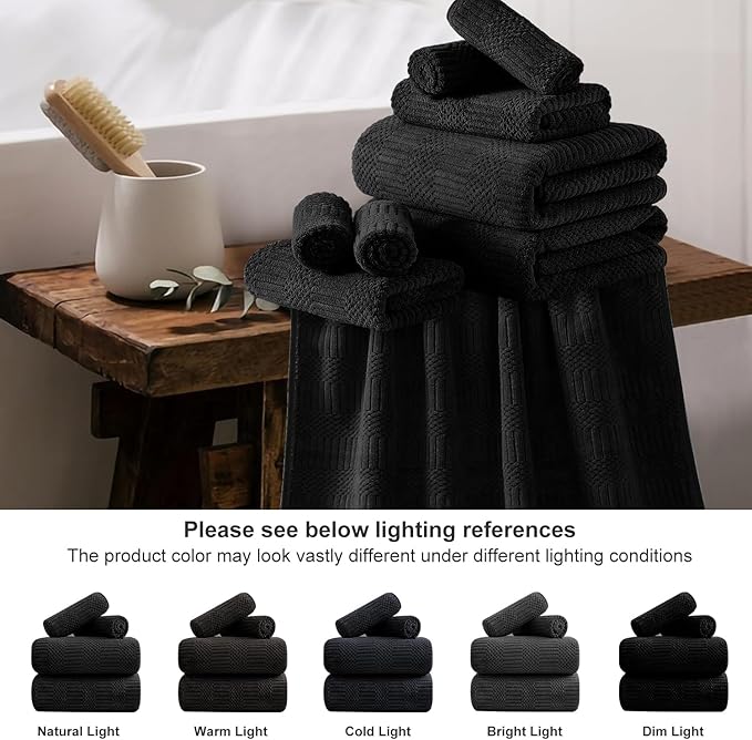 18 Pcs Black Woven Family Towels Set-6 Bath Sheets,6 Hand Towels,6 Washcloths Soft Polyester Towels Absorbent Shower Towel Quick Dry Beach Chair Towel Lint Less Towels Set for Bathroom Spa Gym Hotel
