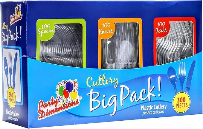 Party Dimensions 3000 Count Plastic Cutlery Combo Case, Disposable Clear Plastic Silverware Utensils Set, 1000 Forks, 1000 spoons, 1000 knives