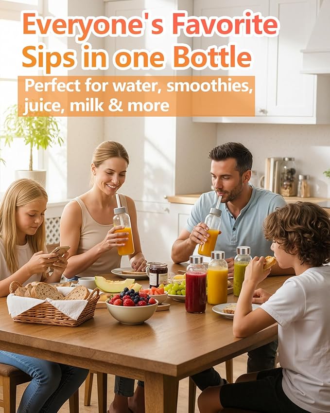 Zukro Glass Water Bottles with Lids & Straw 16 oz, 4 Pack Reusable Juice Bottles With Stainless Steel Cap for Juicing, Leak Proof Clear Smoothie Drinking Jars Beverages Containers, BPA Free