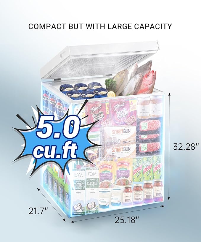 5.0 Cu.Ft Chest Freezer with Removable Basket, Deep Freezer with 6 Adjustable Temperature & Removable Baskets, Top Open Door Compact Freezer for Home, Apartments, White