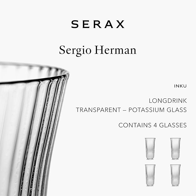 Serax Longdrink Drinking Glasses Set of 4 | Inku Glassware by Sergio Herman | Clear Ribbed Water Glass Cups without Lids | Home Essentials, Kitchen Set | Beer, Juice | Coffee Accessories