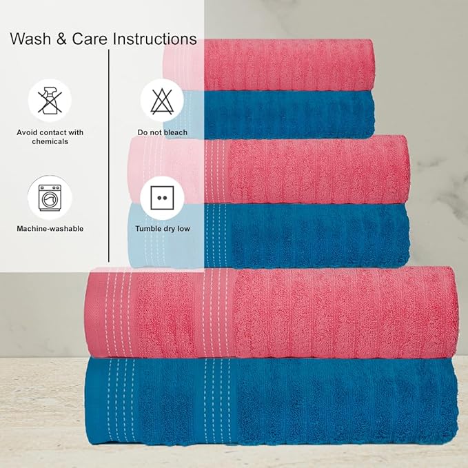 CASA COPENHAGEN Elegance 6 Pieces Ribbed Towels Set, Teal + Pink, 550 GSM, 2 Bath Towel 2 Hand Towel 2 Washcloths, Super Soft Egyptian Cotton for Bathroom, Kitchen & Shower