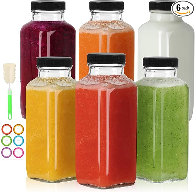 12 oz Glass Juice Bottles with Lids 6 Pack,Reusable Glass Drink Bottles,350ml Water Drinking Jars for Milk,Juicing,Kombucha,Ginger,Beverage Glassware,Juice Drinking Jars