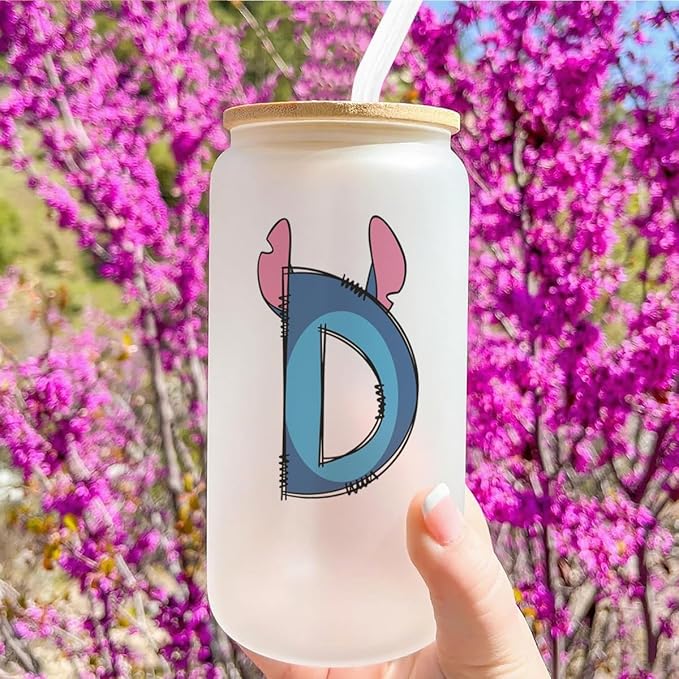 Cute Cartoon Lover Gifts Initial A-Z Personalized Iced Coffee Cup Cartoon Merch 16oz Glass Cup with Lid and Straws Birthday Christmas Gifts for Women Teen Girls Fans (Letter D)
