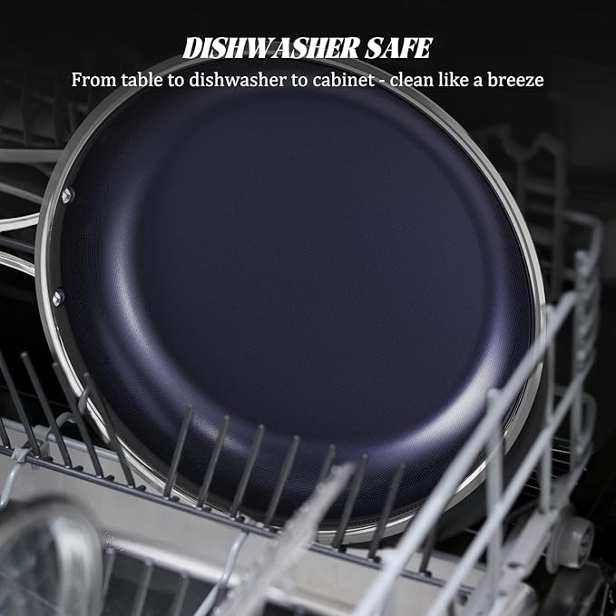 10" Hybrid Ceramic Nonstick Frying Pan, 3-Ply Stainless Steel Skillet, 2-Layer Coating, PFAS & PTFE Free, 9H Hardness & Corrosion Resistance, Dishwasher Safe, Induction Compatible-Dark Blue