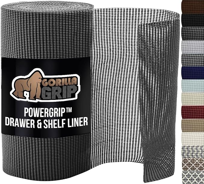 GORILLA GRIP powerGRIP Drawer Shelf and Cabinet Liner, Thick Strong Hold, Non-Adhesive Liners Protect Kitchen Cabinets and Cupboard, Bathroom Drawers, Easy Install, Breathable Mat, 20" x10', Charcoal