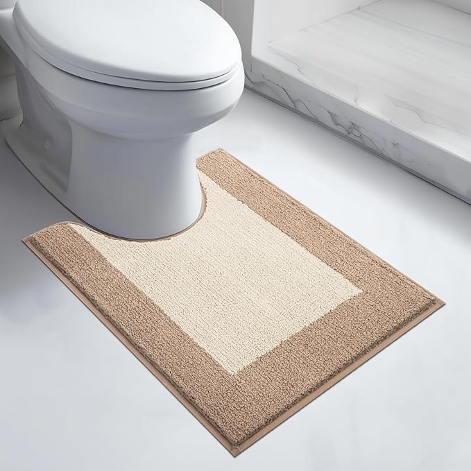 Bathroom Rugs U-Shaped 20" x 24", Non-Slip Extra Soft Absorbent Bath Rugs, Machine Washable Quick Dry Bath Mats for Toilet Base, Beige & Grayish Brown
