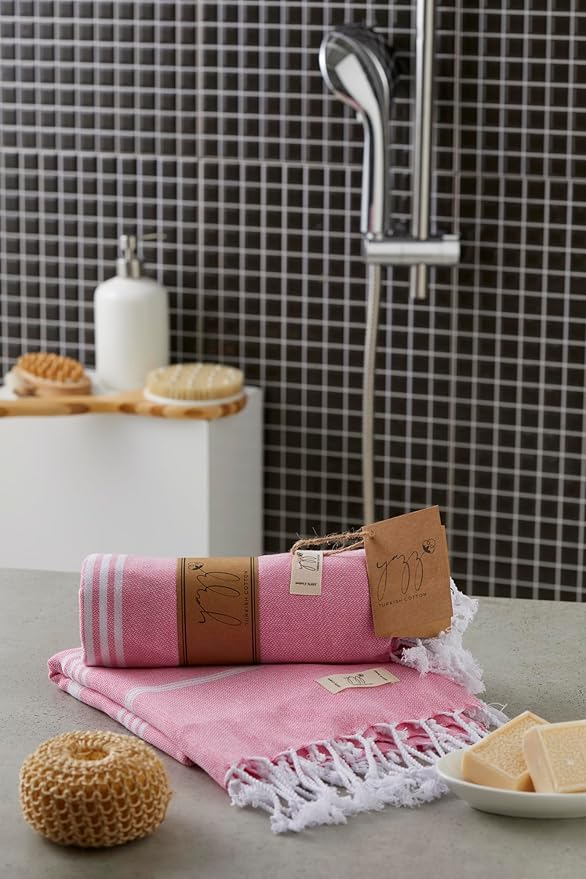 Turkish Hand Towels - Set of 2, 18" x 30" inches, Lightweight Cotton Towel Prewashed Hand Towels for Kitchen, Bath, Guest, Face, Hair, Gym, Yoga, Dishcloth, Travel (Pink)