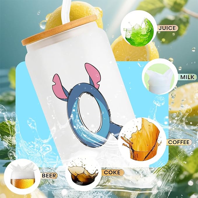 Cute Cartoon Lover Gifts Initial A-Z Personalized Iced Coffee Cup Cartoon Merch 16oz Glass Cup with Lid and Straws Birthday Christmas Gifts for Women Teen Girls Fans (Letter Q)