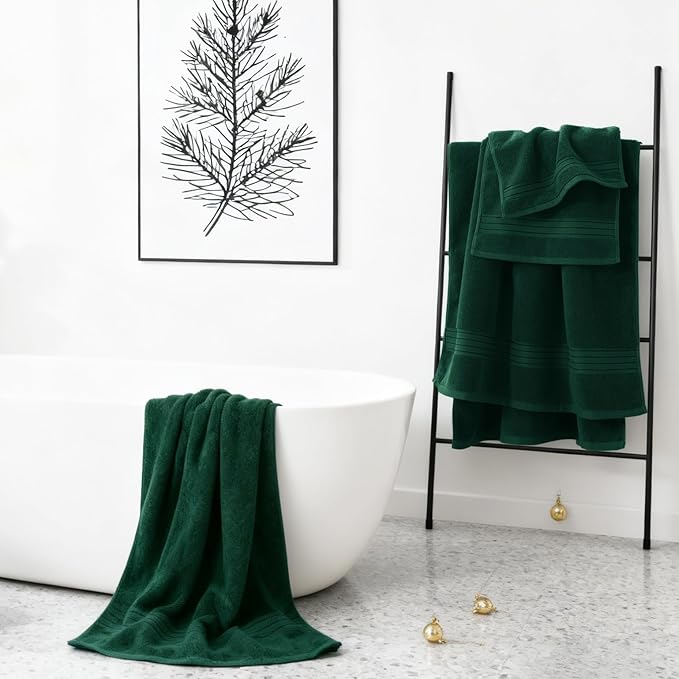 COZYART Dark Green Bath Towel Set 6Pcs, Turkish Cotton Hotel Soft Absorbent Thick Bathroom Towel Sets of 6 with 2 Large Bath Towels, 2 Hand Towels, 2 Washclothes, 650 GSM