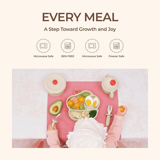 Silicone Baby Feeding Set, Gelato Collection Baby Led Weaning Supplies, First Self-Feeding Set with Suction Bowl & Plate, Sippy Cup & Bib, Fork & Spoon - Green