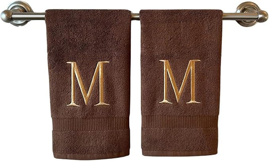 Brown Initial Hand Towel for Bathroom - Monogrammed Luxury Hotel Quality Decorative Embroidered Towel for Powder Room, Spa - GOTS Organic Certified - Set of 2 Beige Letter M
