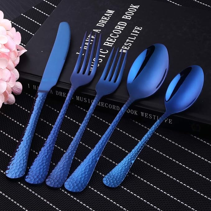 5-Piece Blue Silverware Flatware Set Service for 1 Stainless Steel Cutlery Set Include Dinner Knife Table Fork Table Spoon Salad Fork Tea Spoon for Wedding, Dishwasher Safe