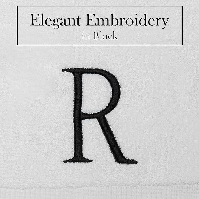 White and Black Monogrammed Hand Towel - Monogram Initial Hotel Quality Decorative Embroidered Luxury Towel for Powder Room, Spa - GOTS Organic Certified - Set of 2 Letter R