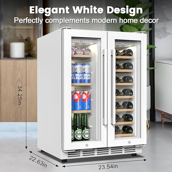 24 Inch Dual Zone Wine and Beverage Refrigerator - Under Counter Built-in/Free Standing Beverage Cooler with Glass Door,Beverage Fridge with Large Capacity, Advanced Cooling System, White