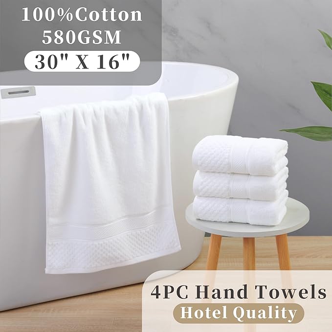 VOOVA & MOVAS Luxury Hotel-Grade Hand Towels 4PC (18"X30",500GSM)- 100% Cotton, Ultra-Soft & Highly Absorbent, Long-Lasting Durability, Machine Washable Towel Set for Bathroom,Solid White