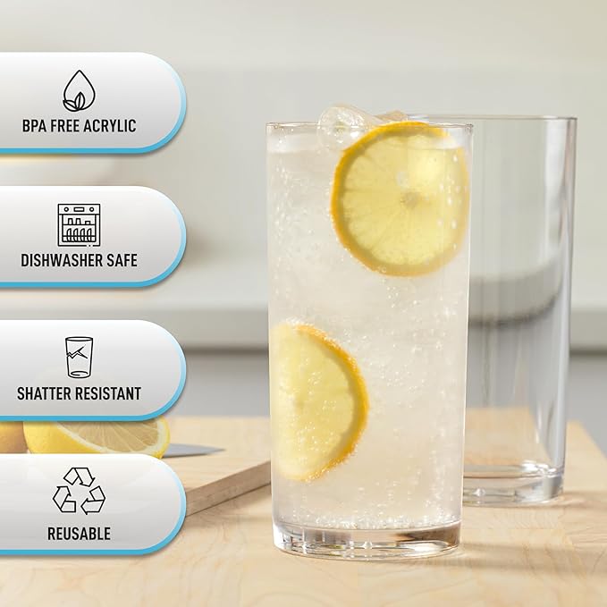 Zulay Kitchen Acrylic Glasses Drinkware - 8 Piece Unbreakable Plastic Tumblers - BPA-Free, Reusable Plastic Drinking Glasses for Home & Outdoors - Stackable, Lead-Free & Dishwasher Safe - (16 Ounces)