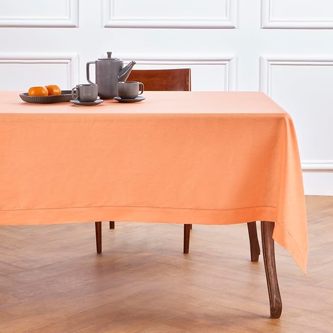 Solino Home Linen Tablecloth 60 x 144 Inch - Classic Hemstitch 100% Pure Linen Coral Table Cloth for Rectangle Tables - Machine Washable Tablecloth