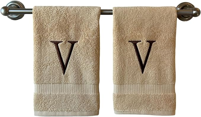 Beige Initial Hand Towel for Bathroom - Monogrammed Luxury Hotel Quality Decorative Embroidered Towel for Powder Room, Spa - GOTS Organic Certified - Set of 2 Brown Letter V