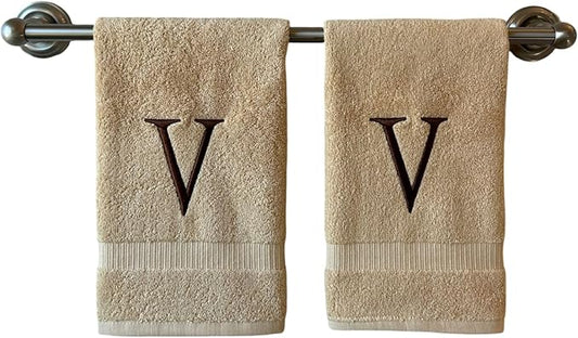 Beige Initial Hand Towel for Bathroom - Monogrammed Luxury Hotel Quality Decorative Embroidered Towel for Powder Room, Spa - GOTS Organic Certified - Set of 2 Brown Letter V