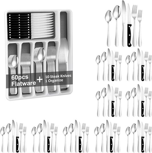 61Pcs Silverware Set with Organizer, Silver Stainless Steel Flatware Set for 10 Cutlery Utensil Sets with Steak Knives, Spoons and Forks Set, Dishwasher Safe