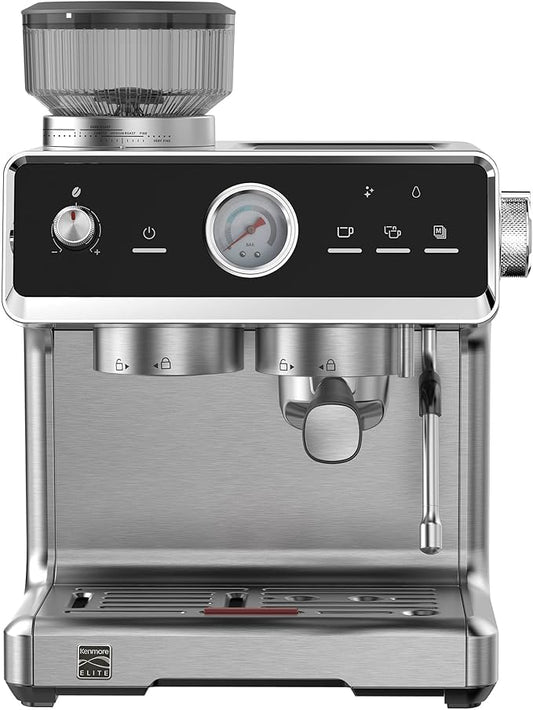Kenmore Espresso Machine - Automatic Coffee Maker With Auto Tamper, Auto Cleaning, Milk Steamer & Frother, Bean Grinder, Make Professional Barista Style Cappuccino, Latte, Stainless Steel