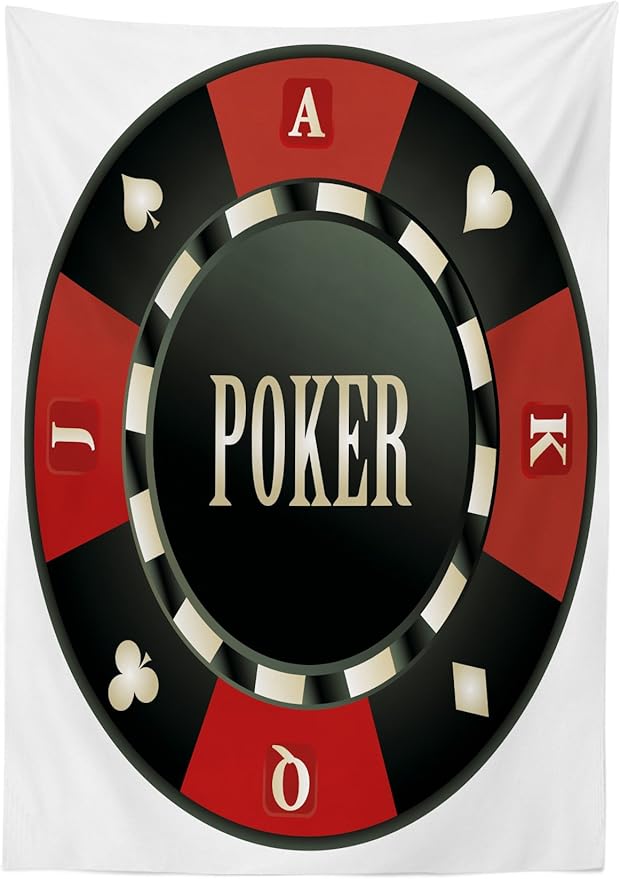 Ambesonne Poker Tournament Tablecloth, Casino Chip with Poker Word in Center Rich Card Suits Print, Rectangular Table Cover for Dining Room Kitchen Decor, 60" X 90", Green Vermilion