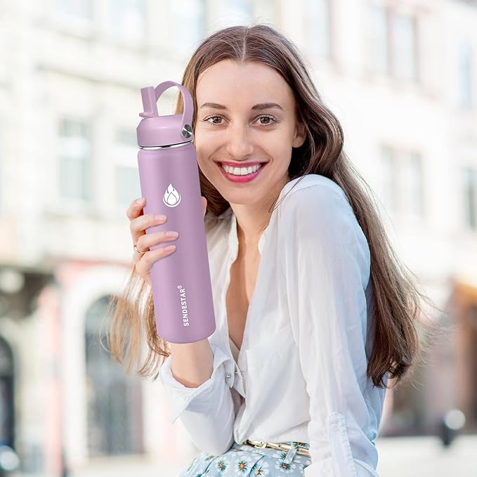 SENDESTAR Stainless Steel Wide Mouth Water Bottle 32oz Double Wall Vacuum Insulated Leak Proof Bottle with New Flex Straw Lid & Spout Lid