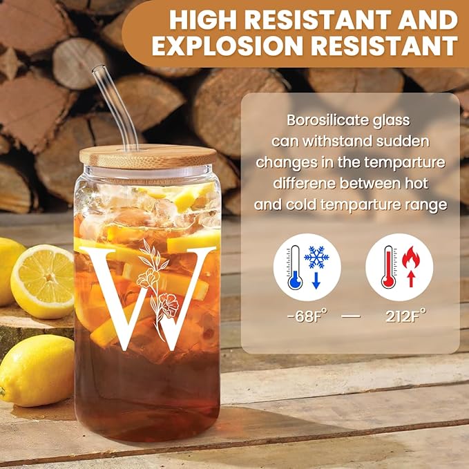 SANDJEST Monogrammed Gifts for Women - Monogram W Initial Glass Cup 16 Oz Can Coffee Cups with Lid and Straw - Monogram Initials Gifts for Womens on Birthday