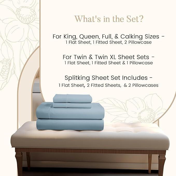 100% Egyptian Cotton Sheets Full Size Set, 800 TC Deep Pocket Full Sheets Set, Soft Breathable Sateen Weave 4 PC Elasticated Sheet & Pillowcase Sets, No Pill & Shrink, Fade Resistant - French Blue