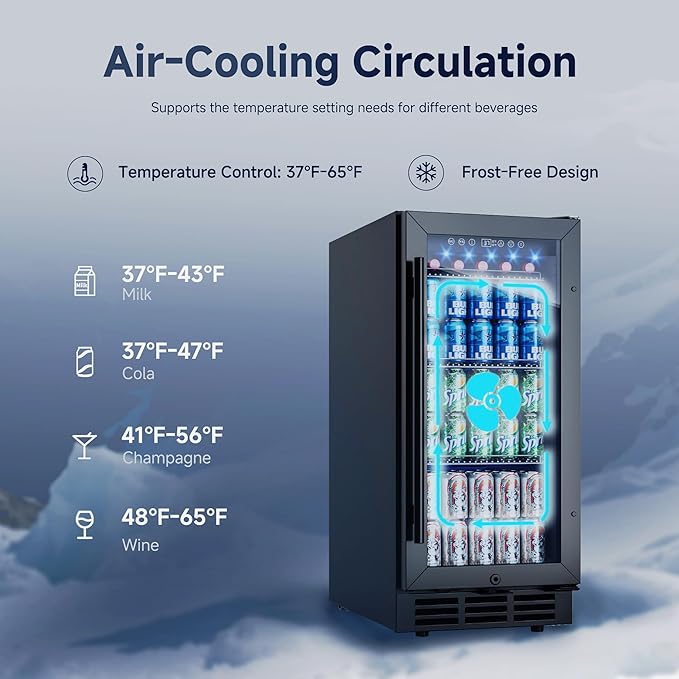 15 Inch Built-In Beverage Fridge, 132-Can Capacity Freestanding Drink Fridge with Tempered Glass Door & Blue LED Display, Adjustable Shelving for Home Bar, Kitchen, or Office Use (Black)