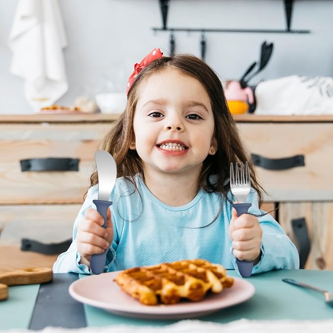 Pimoys 6 Pieces Toddler Utensils Forks,Spoons and Knives,Kids Silverware Set with Plastic Handle Stainless Steel Toddler Silverware,Dishwasher Safe