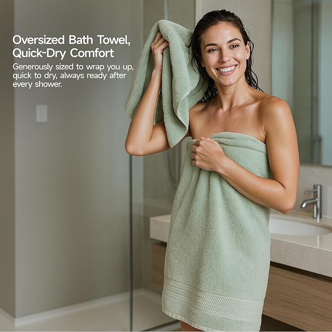 REDKISS Green Towel Set of 8-100% Cotton Luxury Bath Towels Set for Bathroom, 600 GSM Highly Absorbent Bathroom Towel with 2 Large Bath Sheet, 2 Hand, 4 Washcloths, Green Shower Towels for Dorm