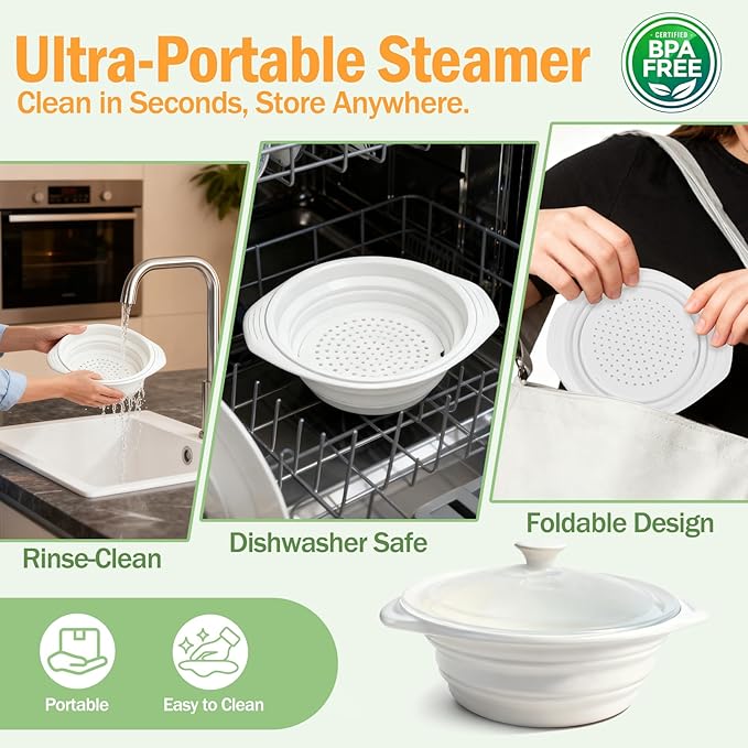 44oz White Silicone Steamer Microwave, Collapsible Vegetable Steamer Microwave with Magnetic Lid, Space-Saving Design, Dishwasher Safe Silicone Bowl for Cooking Veggies, Dumplings, Healthy Cooking