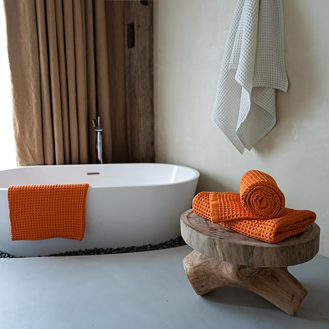 Luxury Organic Japanese Cotton Waffle Bath Towel | Thick, Absorbent, Quick Dry Bathroom Towels for Shower, Sauna, Onsen| Hotel & Spa Quality, Gift-Ready (Shell White, Bath Towel (55" x 34"))