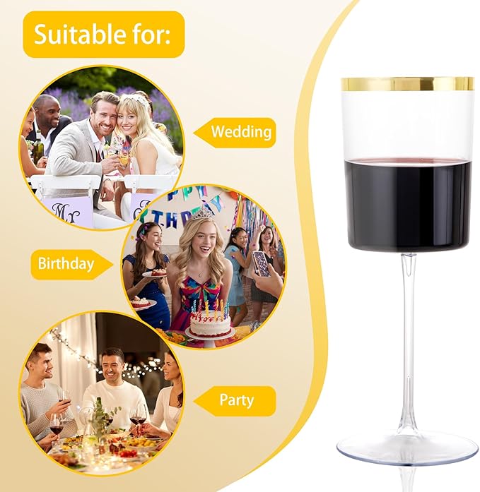 Ciaell 12 Pack Plastic Wine Glasses - 14 Oz Plastic Wine Glasses with Stem - Square Gold Disposable Stemmed Glass for Parties & Weddings & Outdoors & Christmas & New Year