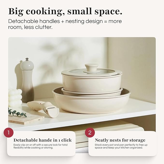 GOURMETIFIC® Pots and Pans Cookware Set [11 PIECES] - Non Toxic Ceramic Coated Cooking Ware - Induction, Gas & Oven Kitchenware - Non Stick Pot & Pan with Removable Handles & Stackable (Cream)