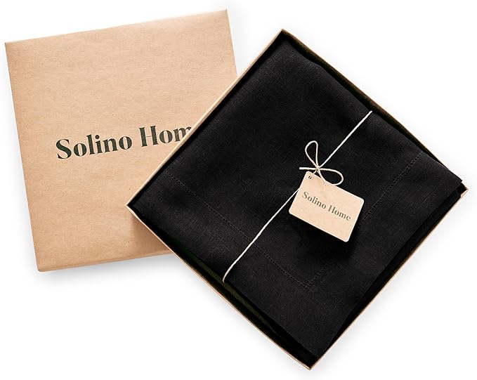 Solino Home Linen Black Tablecloth 70 x 90 Inch - Sonoma Hemstitch, 100% Pure Linen Rectangular Tablecloth - Machine Washable Table Cloth for Winter, New Year