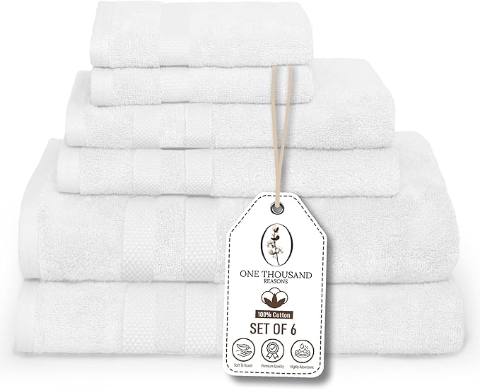 Premium Staple Cotton Bathroom Towel Set - White 600 GSM 6-Piece Luxury Bath Towel Set 3 Stripe - 2 Bath Towels, 2 Hand Towels & 2 Washclothes Set - High Absorbent & Quick Dry for Gym, Spa, Hotel
